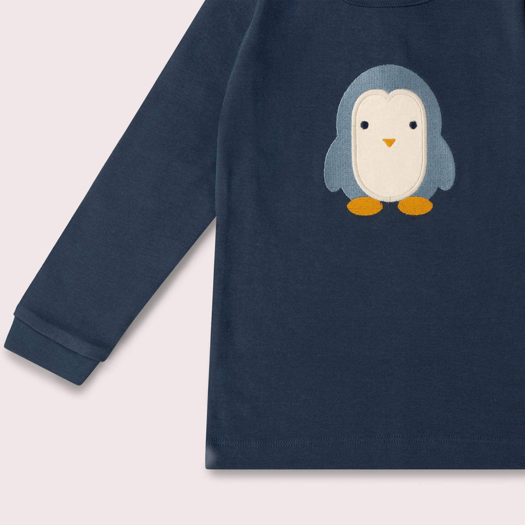 Organic Cotton Long Sleeve T-Shirt - Blue, Penguin Appliqué