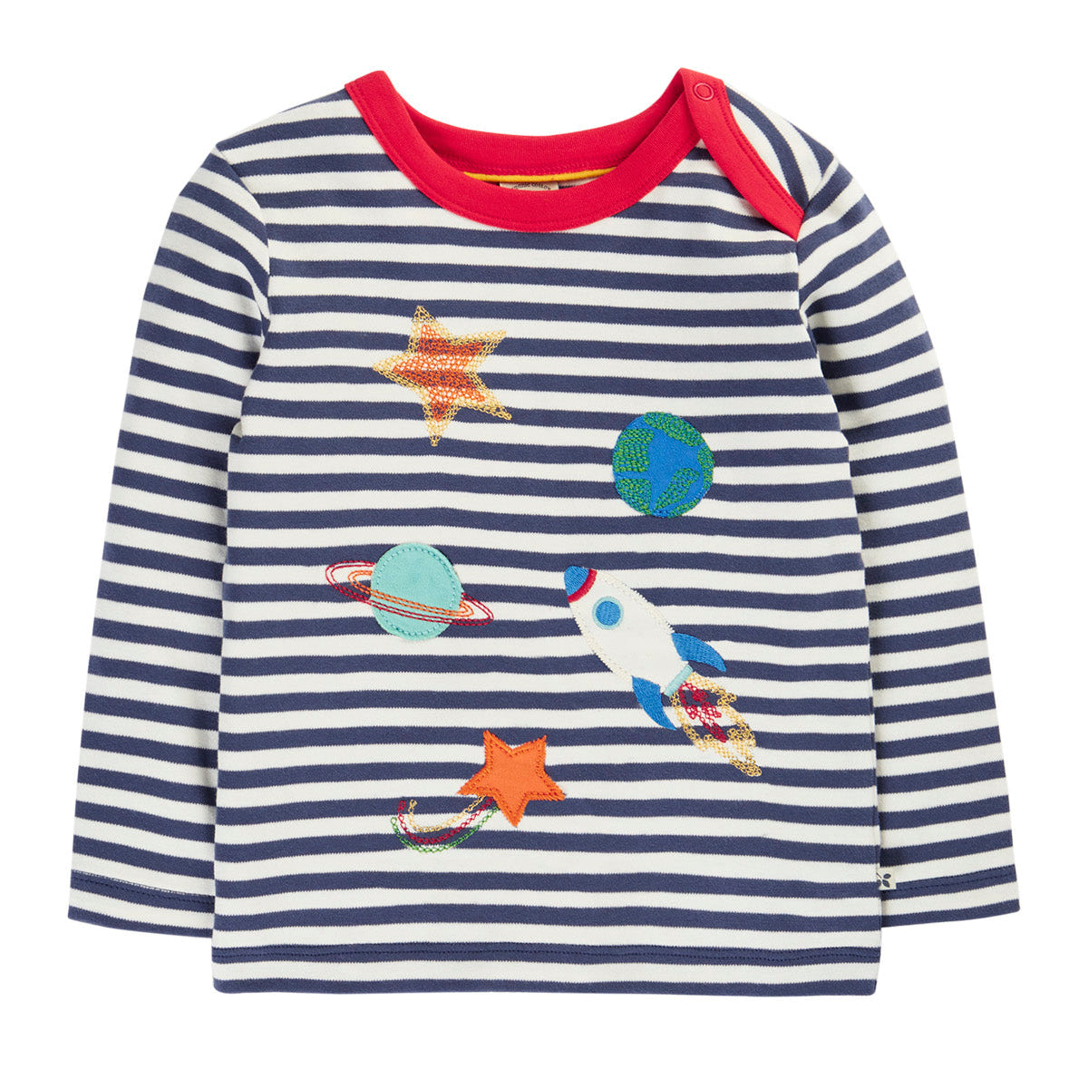 Organic Cotton Navy Stripe Long Sleeve T-Shirt - Space Appliqué