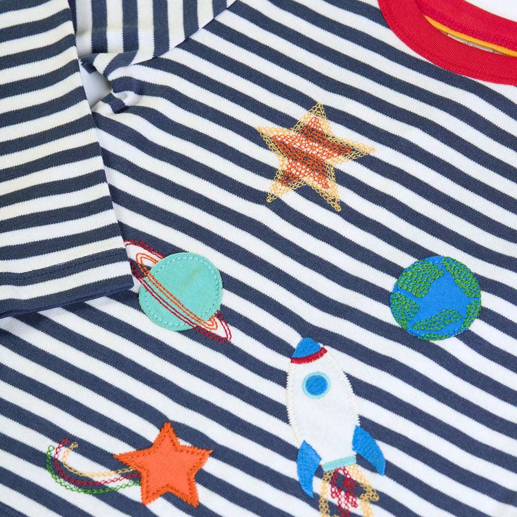 Organic Cotton Navy Stripe Long Sleeve T-Shirt - Space Appliqué