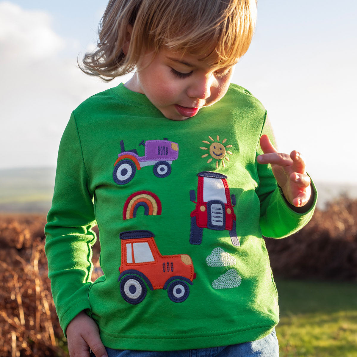 Organic Cotton Long Sleeve T-Shirt - Tractors Appliqué