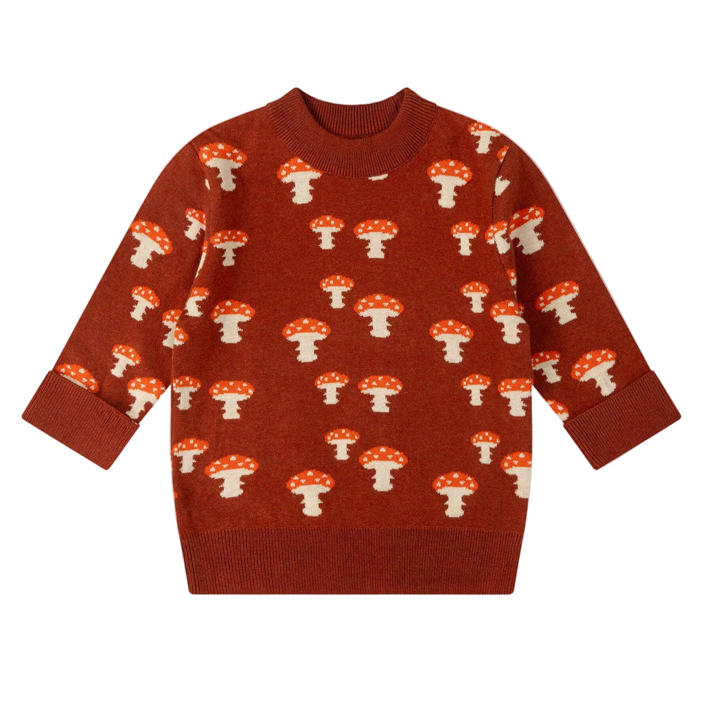 Organic Cotton Knitted Sweater - Rust, Mushrooms