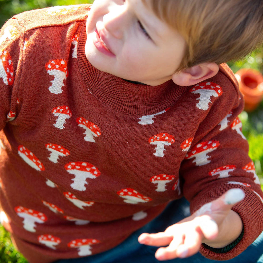 Organic Cotton Knitted Sweater - Rust, Mushrooms
