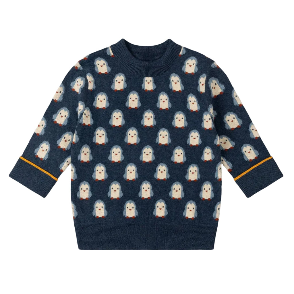 Organic Cotton Knitted Sweater - Blue, Penguins