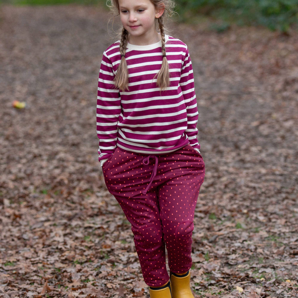 Organic Cotton Knee Patch Cozy Joggers - Berry, Polkadot